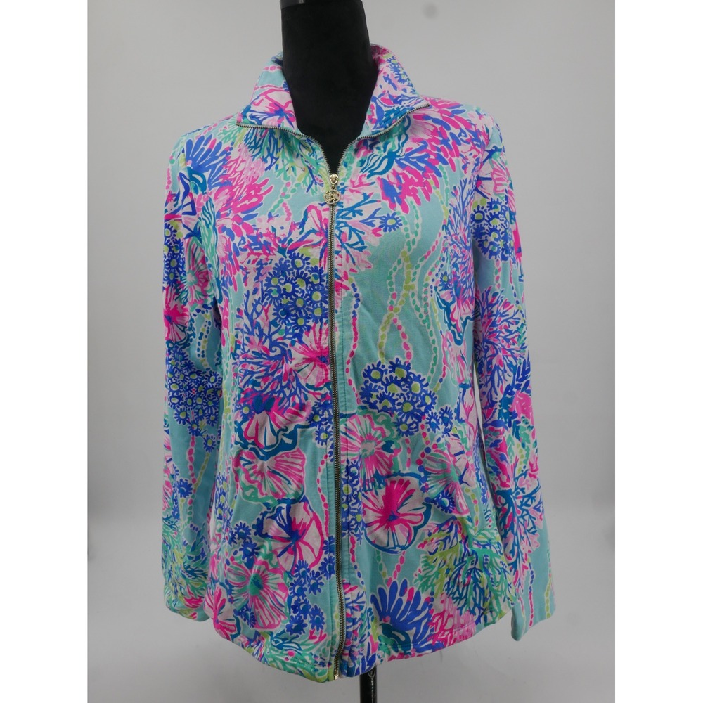 Lilly Pulitzer Womens M Full Zip Jacket Floral Coral Print Blue Pink Mock Neck